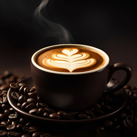 Coffee cup with latte art and coffee beans on dark backgroundの素材