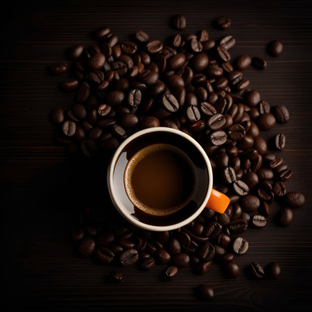 Coffee cup and coffee beans on wooden background. top viewの素材