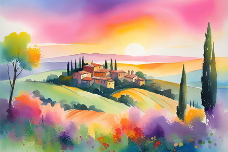 Tuscany landscape with sun, hills and village. Vector illustration.Tuscany landscape at sunset. Italy, Europe.の素材
