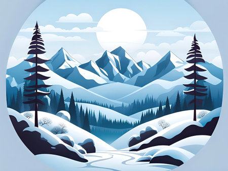 Winter landscape with mountains, trees and snowdrifts. Vector illustration.の素材