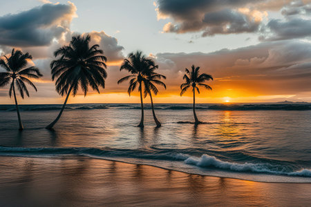 Palm trees on the beach at sunset.の素材