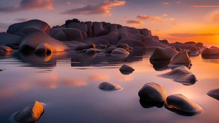 Sunset over the sea with stones on the foreground. Reflections.Sunset over the sea with stones in the foreground and reflection in water.の素材