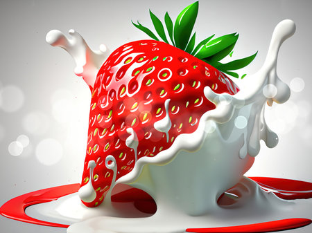 Strawberry in a milk splash. 3D illustration. 3d renderingの素材