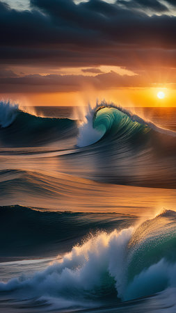 Beautiful ocean wave at sunset. 3d rendering, 3d illustration.の素材