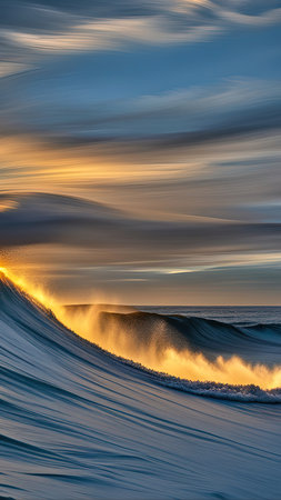 Beautiful sunset on the ocean wave. Abstract natural background. Long exposure.の素材