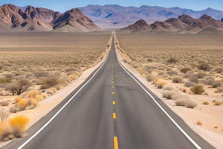 Road in the middle of the desert with blue sky and white cloudsの素材
