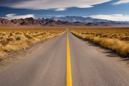 Road in the middle of the desert with blue sky and white cloudsの素材