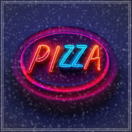 Neon pizza sign on a dark blue background. Vector illustration.の素材