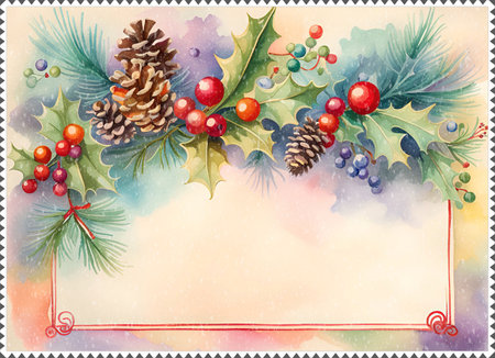 Watercolor Christmas background with holly berry and pine cones.の素材