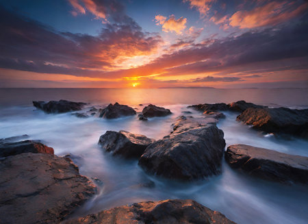 Long exposure seascape. Beautiful colorful sunset at the beach.の素材