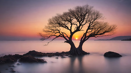 Beautiful sunset over the sea with tree in the foreground. nature composition