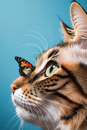 Portrait of a beautiful cat with a butterfly on a blue backgroundの素材