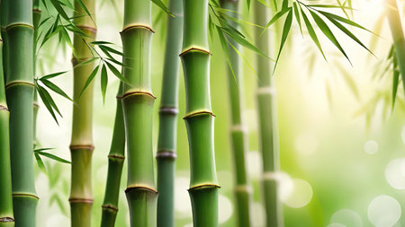 Bamboo forest with green leaves and bokeh background, close upの素材