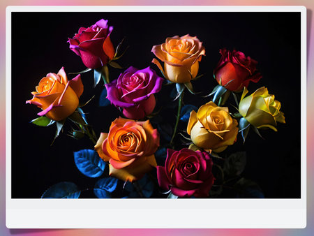 bouquet of colorful roses on a black background with copy spaceの素材