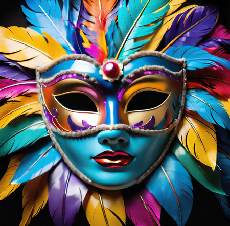 Colorful carnival mask with feathers on black background, closeupの素材
