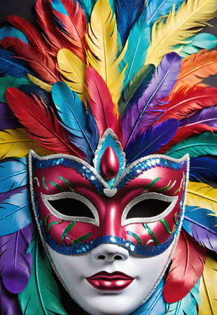 Mardi Gras carnival mask with feathers on black background.の素材
