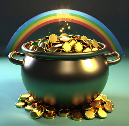 Pot of gold with coins on a dark background. 3d renderingの素材