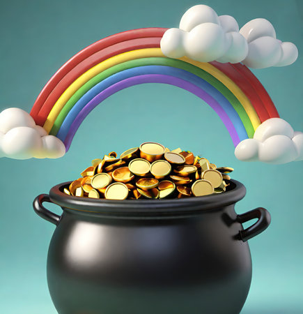 Pot of gold with rainbow on blue background. 3D illustration.の素材