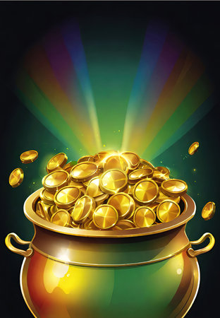 Gold coins in cauldron on colorful background. Vector illustration.の素材