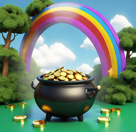 Pot of gold with rainbow and coins in the garden 3d renderの素材