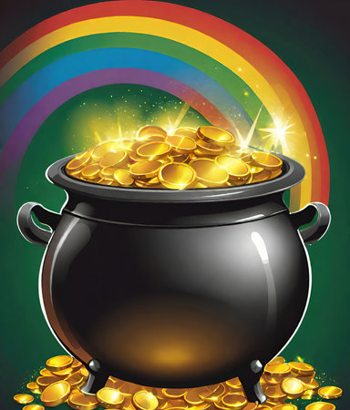 Illustration of a pot full of golden coins on a rainbow backgroundの素材