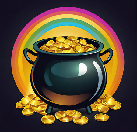 Pot of gold coins and rainbow on black background. Vector illustration.の素材