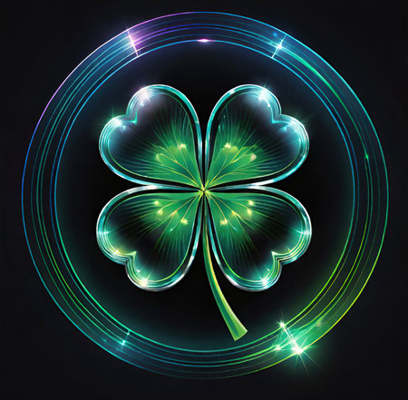 Illustration of a clover on a dark background with neon lightの素材