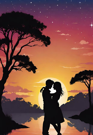 Silhouette of romantic couple in love at sunset. Vector illustrationの素材