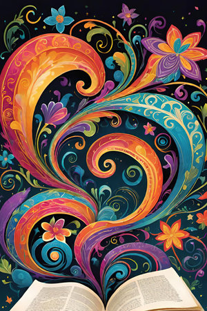 Open book with floral pattern on background. Vector illustration for your design.Open book with floral ornament on a colorful background. World book day concept.の素材