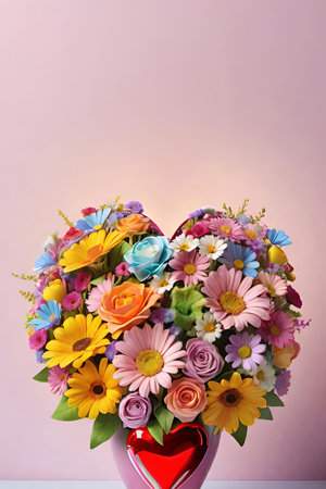 Bouquet of colorful flowers in a vase on a pink backgroundの素材