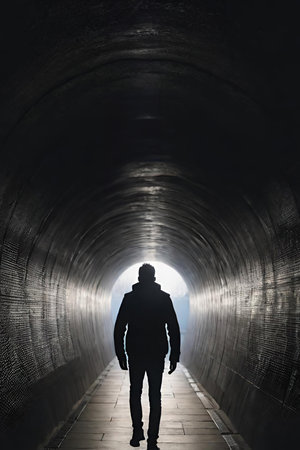 Silhouette of a man in a dark tunnel. Conceptual image. Business concept.Silhouette of a man standing in a dark tunnel with light.の素材