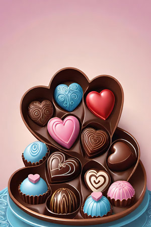 Chocolates in a heart shaped box on a pink background.の素材