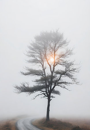 Silhouette of lonely tree on foggy road in the morningの素材