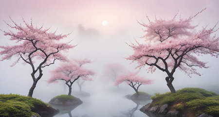 Cherry blossoms in full bloom, 3d rendering. Computer digital drawing.の素材