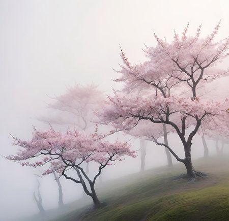Cherry blossoms in the misty morning. spring landscapeの素材