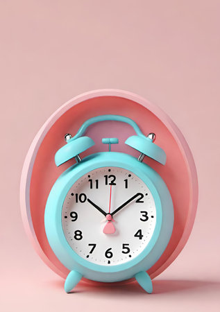 Blue alarm clock on pink background. 3D rendering. time conceptの素材