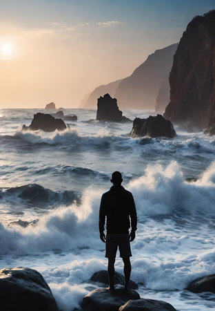 Silhouette of a man standing on a rock and looking at the ocean.の素材