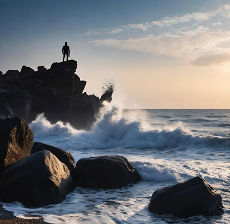 Silhouette of a man standing on a rock and watching the waves at sunsetの素材