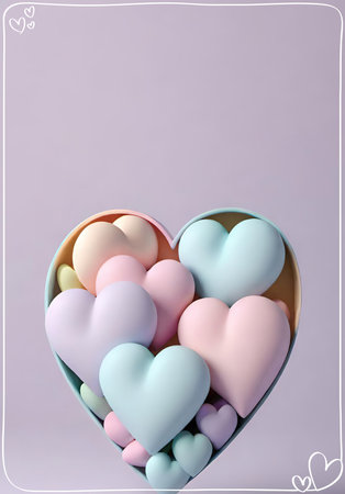 Colorful hearts in a heart shaped box on a pink background.の素材