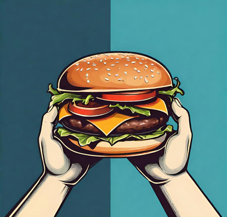 Hands holding a hamburger, vector illustration in retro style.の素材