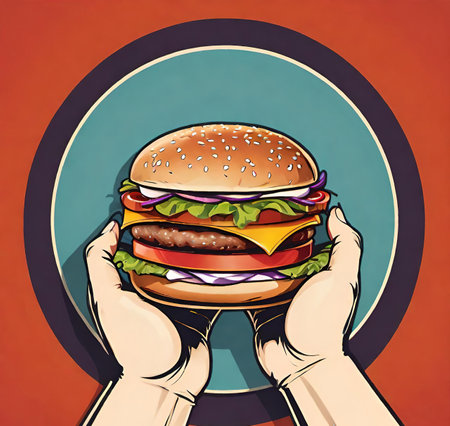 Hands holding a hamburger. Vector illustration in retro style.の素材
