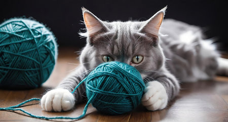 Gray cat plays with a ball of yarn on a wooden floor.の素材