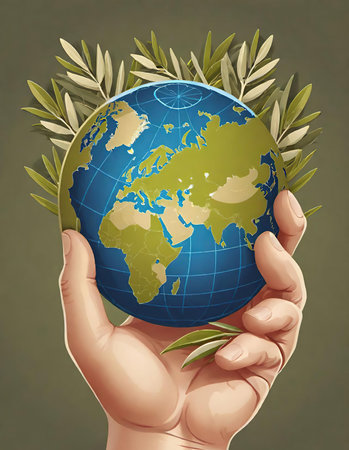 Illustration of a human hand holding a world globe with leaves.の素材