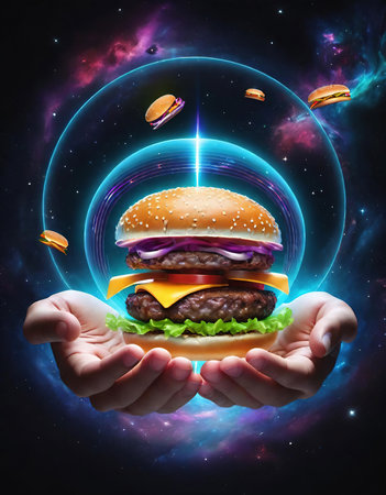 Hamburger in human hands against colorful background with circles and starsの素材