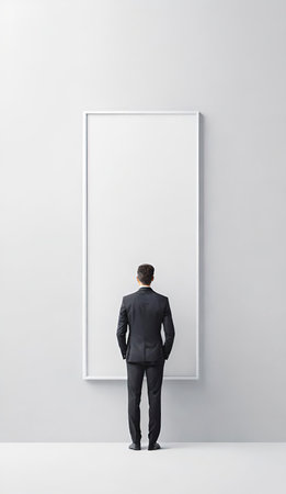Businessman standing in front of a blank poster on a white wallの素材