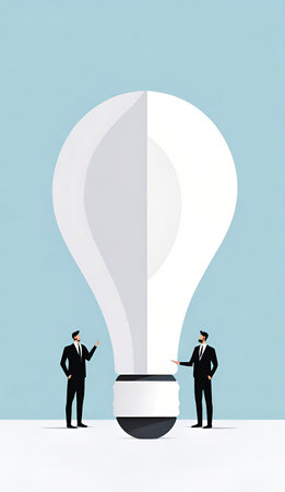 Two businessmen standing in front of big lightbulb on blue backgroundの素材