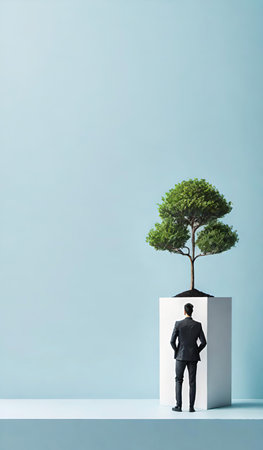 Businessman standing in front of a tree on a white cube.の素材