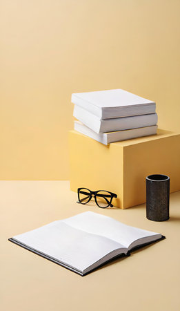 Open book, eyeglasses and stack of books on yellow backgroundの素材