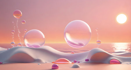 Beautiful 3d illustration of an abstract background with bubbles and waves.abstract scene with waves and bubbles in water. 3d rendering.Soap bubbles in the sea at sunset.の素材