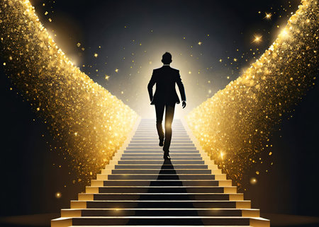 Vector illustration of woman walking up the stairs to success.の素材